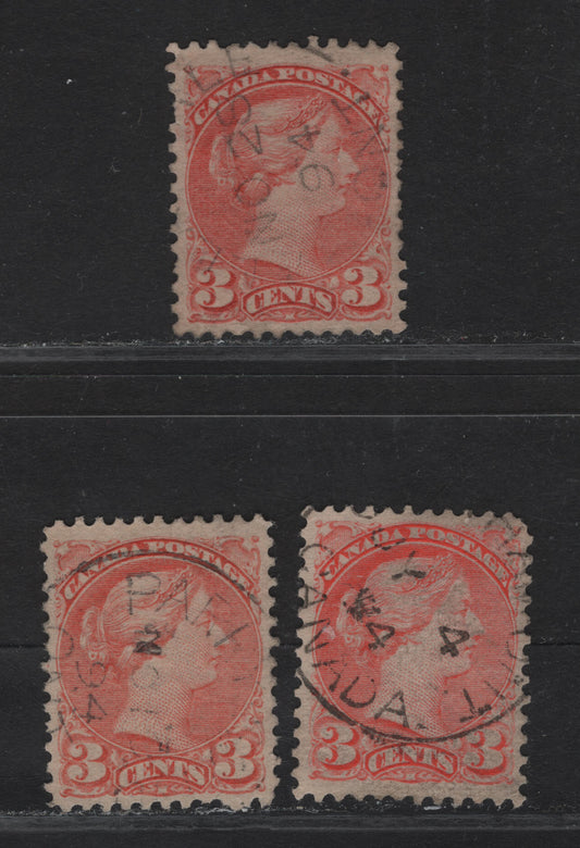 Lot 38 Canada #41 3c Dull Vermillion - Bright Orange Vermillion Queen Victoria, 1888-1897 Small Queen Issue, 3 Very Fine Used SIngles, 3 Different Shades, All Dated 1894, Paper 2O-LL, A Very Scarce Paper.