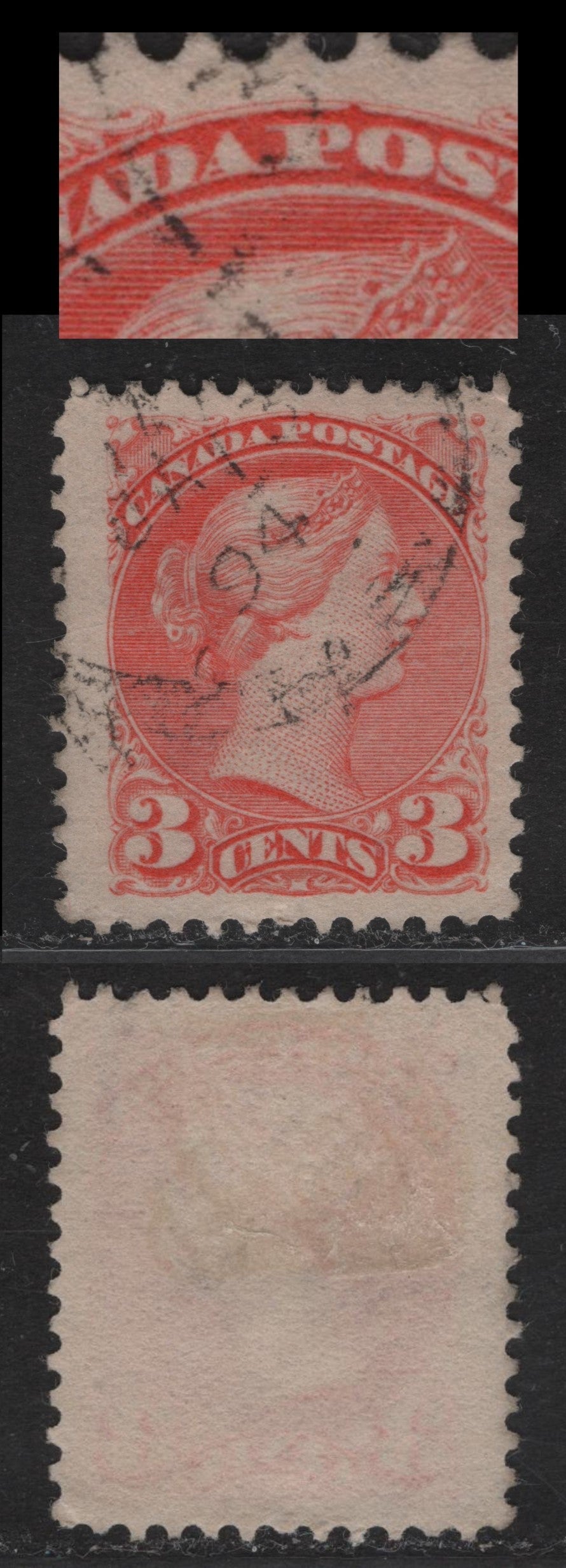 Lot 40 Canada #41 3c Pale Vermillion Queen Victoria, 1888-1897 Small Queen Issue, A Very Fine Used Single, Paper 2O-E, Perf 12x11.9, Showing Dot Between & Above 'PO' Of Postage & Inside 'O' Of Postage.