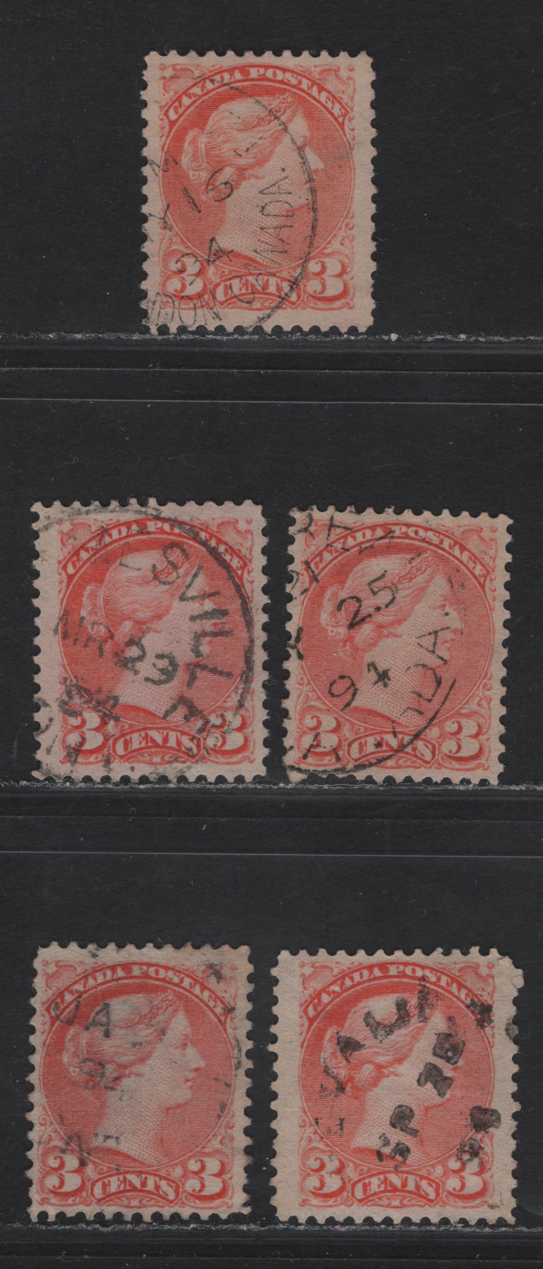 Lot 41 Canada #41 3c Dull Vermillion - Bright Vermillion Queen Victoria, 1888-1897 Small Queen Issue, 5 Very Fine Used Singles, Mid Second Ottawa Printings, Papers 2O-E & 2O-KK, Different Shades, All Dated 1894.