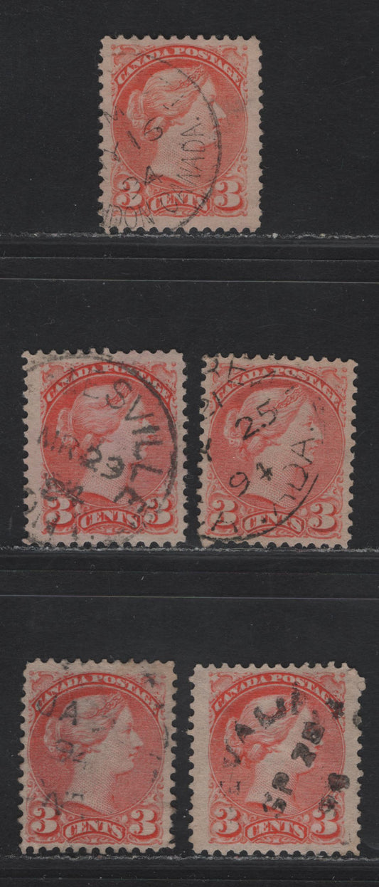 Canada #41 3c Dull Vermillion - Bright Vermillion Queen Victoria, 1888-1897 Small Queen Issue, 5 Very Fine Used Singles, Mid Second Ottawa Printings, Papers 2O-E & 2O-KK, Different Shades, All Dated 1894.