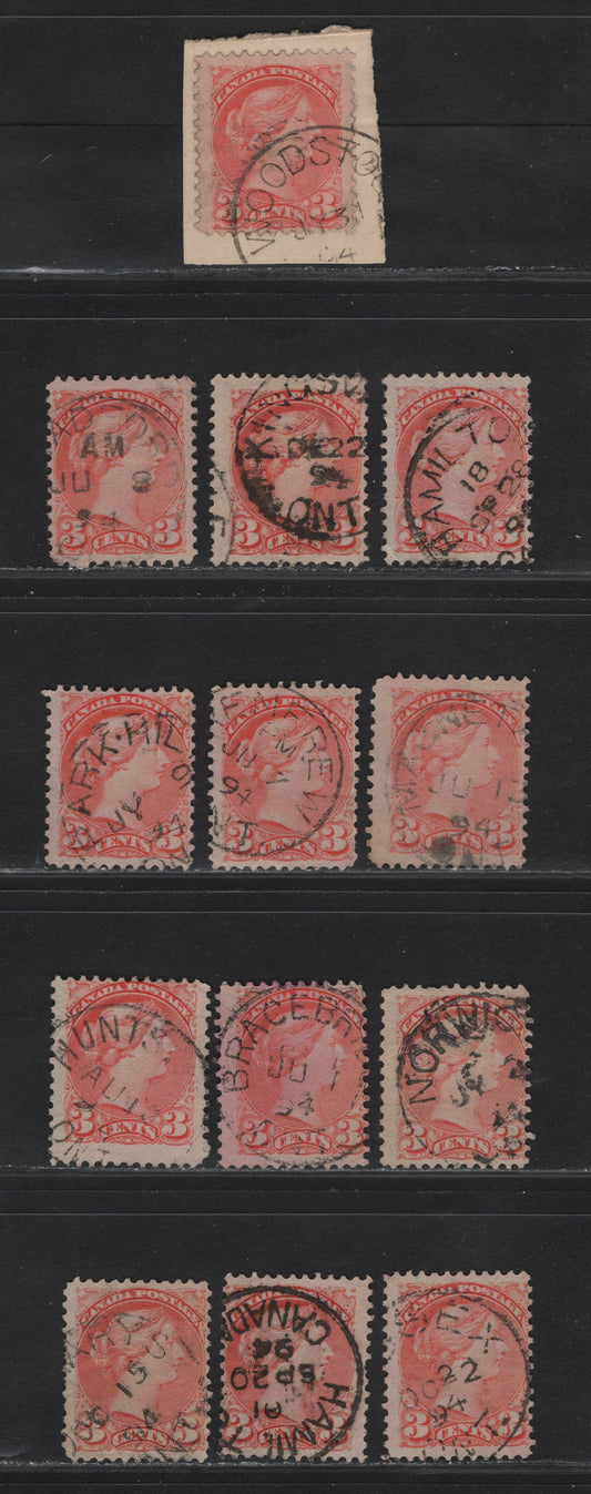 Lot 44 Canada #41 3c Pale Orange Vermillion Queen Victoria, 1888-1897 Small Queen Issue, 13 Fine Used SIngles, 1894 Town Cancels, Primarily Papers 2O-E, Possibly 2O-II, 1894 Dated Town Cancels.