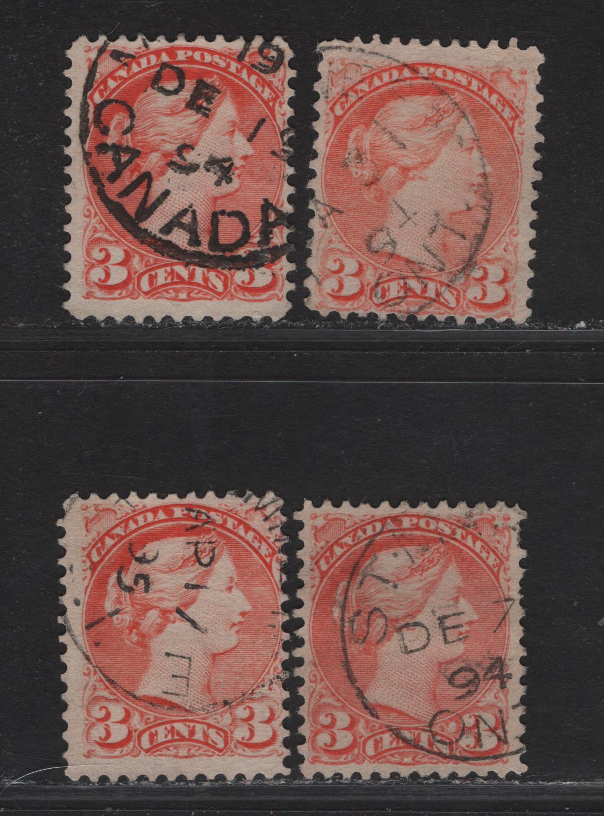 Lot 45 Canada #41 3c Bright Vermillion - Orange Vermillion Queen Victoria, 1888-1897 Small Queen Issue, 4 Fine Used Singles, Paper 2O-I, 1894 Dated Examples.