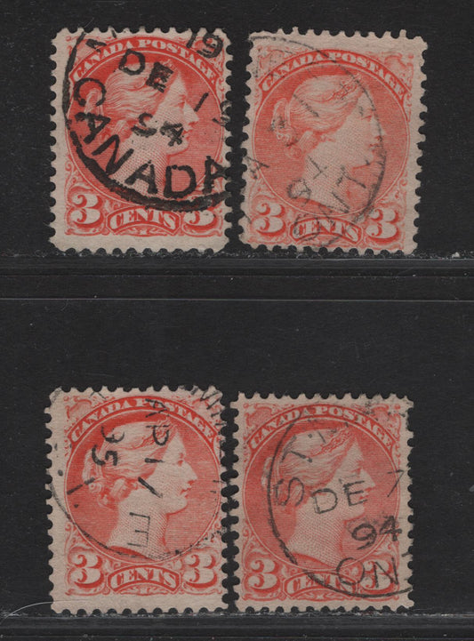 Lot 45 Canada #41 3c Bright Vermillion - Orange Vermillion Queen Victoria, 1888-1897 Small Queen Issue, 4 Fine Used Singles, Paper 2O-I, 1894 Dated Examples.