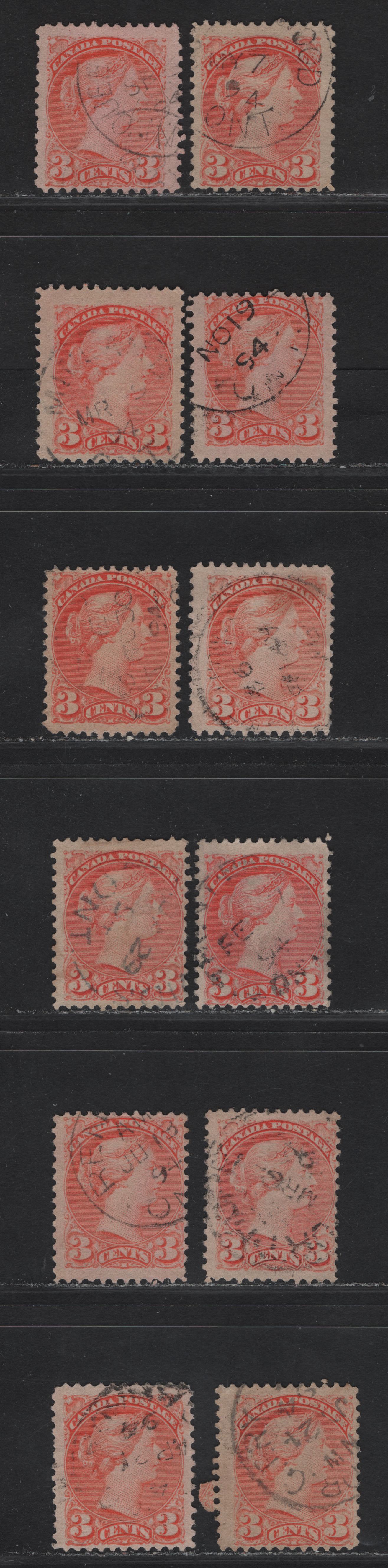 Lot 47 Canada #41 3c Pale Orange Vermillion - Pale Vermillion Queen Victoria, 1888-1897 Small Queen Issue, 12 Fine Used SIngles, Papers 2O-E & 2O-II, 1894 Dates, Different Shades.