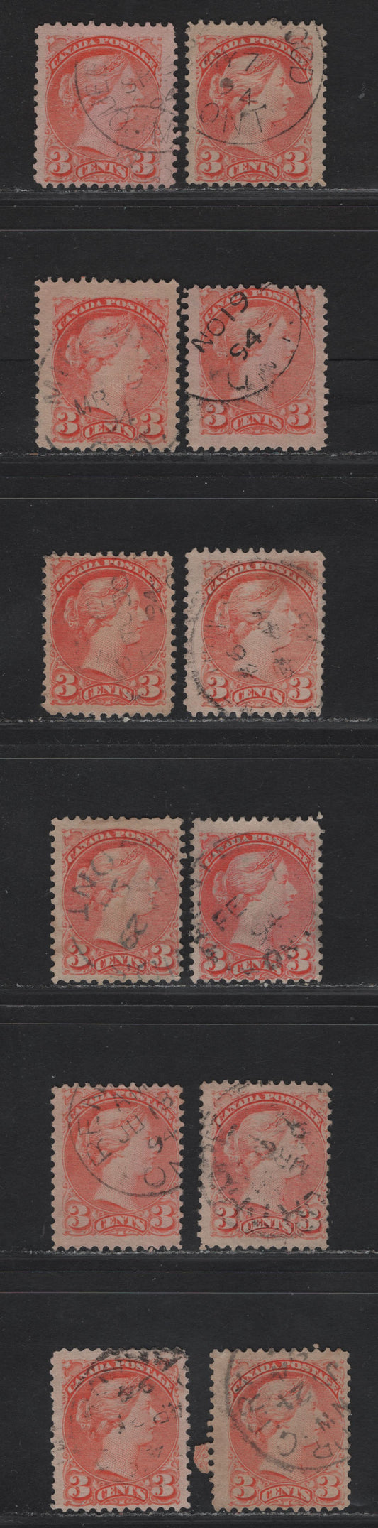 Lot 47 Canada #41 3c Pale Orange Vermillion - Pale Vermillion Queen Victoria, 1888-1897 Small Queen Issue, 12 Fine Used SIngles, Papers 2O-E & 2O-II, 1894 Dates, Different Shades.