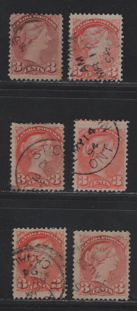 Lot 49 Canada #41 3c Deep Bright Orange Red - Bright Orange Vermillion Queen Victoria, 1888-1897 Small Queen Issue, 6 Fine Used SIngles, Papers 2O-E & 2O-GG, 1894 Dated Cancels, Unusual & Less Common Shades.