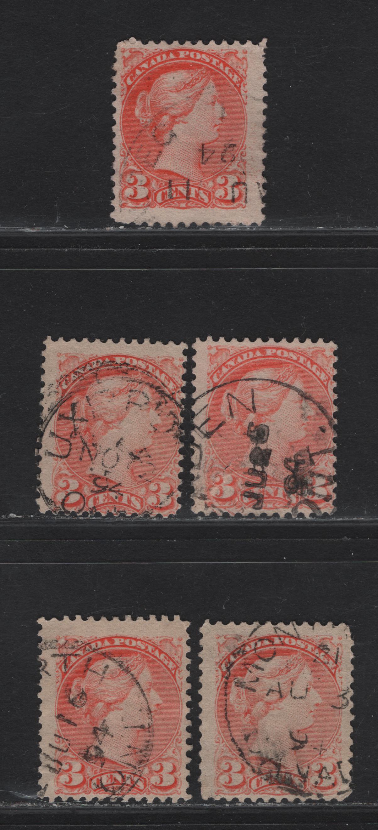 Lot 50 Canada #41 3c Pale & Bright Orange Vermillion Queen Victoria, 1888-1897 Small Queen Issue, 5 Fine Used Singles, Papers 2O-II & 2O-E, 1894 Dated Cancels, Different Shades.