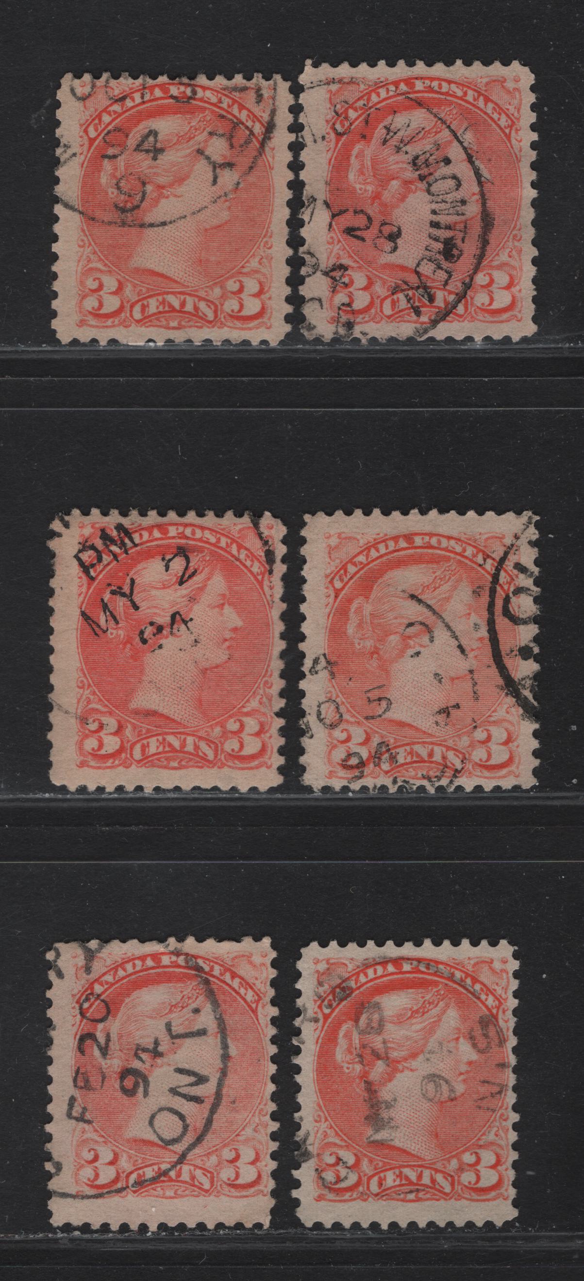 Lot 51 Canada #41 3c Dull Vermillion & Pale Orange Queen Victoria, 1888-1897 Small Queen Issue, 6 Fine Used Singles, Paper 2O-E, 1894 Dated Cancels.