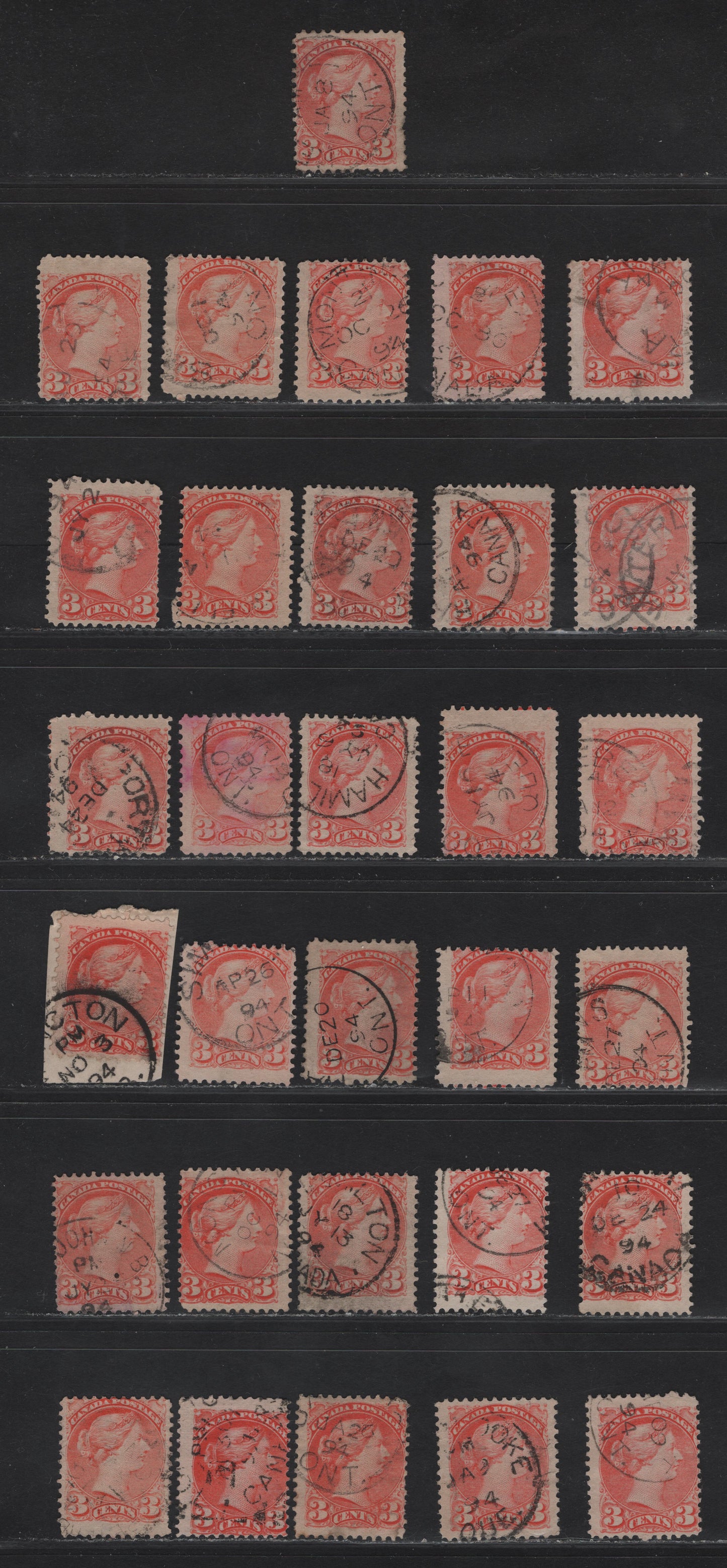 Lot 52 Canada #41 3c Vermillion - Orange Vermillion Queen Victoria, 1888-1897 Small Queen Issue, 31 Very Good Used Singles, Unsorted, All With 1894 Dated Cancels, Good Opportunity To Use My Tables To Practice Sorting.