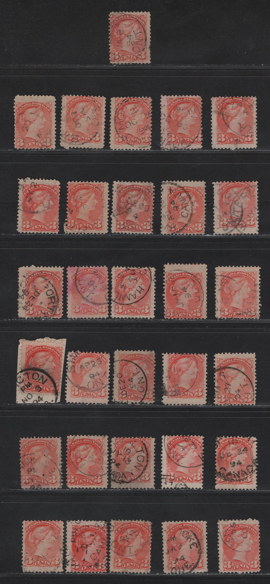 Lot 52 Canada #41 3c Vermillion - Orange Vermillion Queen Victoria, 1888-1897 Small Queen Issue, 31 Very Good Used Singles, Unsorted, All With 1894 Dated Cancels, Good Opportunity To Use My Tables To Practice Sorting.