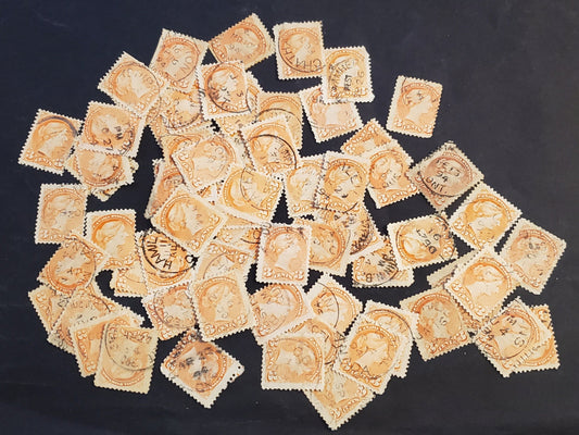 Lot 53 Canada #41 3c Vermillion - Orange Vermillion Queen Victoria, 1888-1897 Small Queen Issue, 69 Ungraded Singles, Faulty Examples, 1894 Dated Cancels, Good Reference Material To Sort Using My Tables.