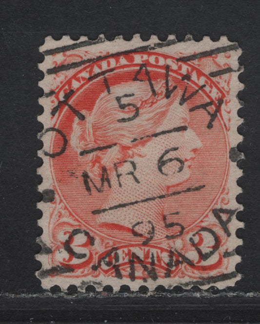 Lot 54 Canada #41 3c Bright Orange Red Queen Victoria, 1888-1897 Small Queen Issue, A Very Fine Used Single, Paper 2O-EE, Type 1 SON Ottawa Squared Circle Cancel, Dated March 6 1895.