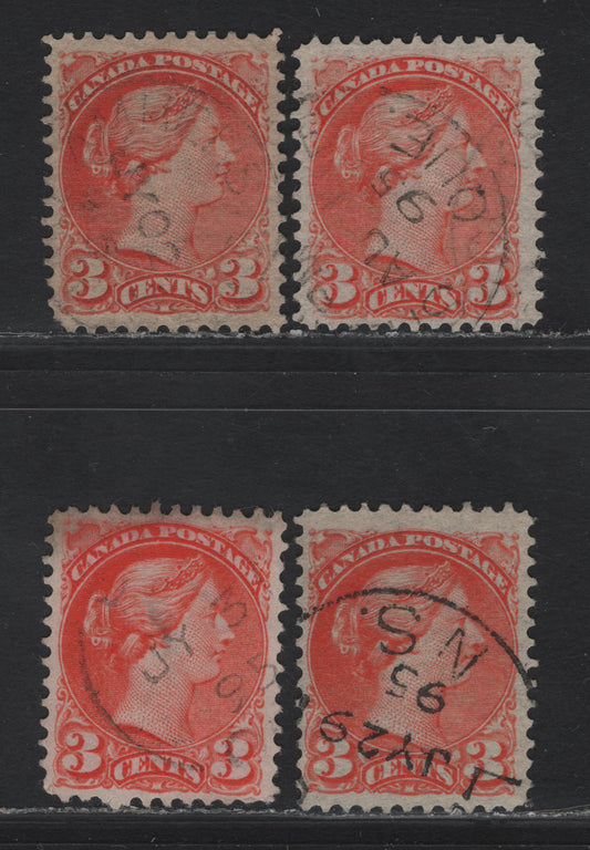 Lot 55 Canada #41 3c Deep Bright Red Orange - Orange Vermillion Queen Victoria, 1888-1897 Small Queen Issue, 4 Very Fine Used Singles, Papers 2O-U, 2O-E, 2O-KK & 2O-II, 1895 Dated Cancels, Scarce Vertical Wove Papers.