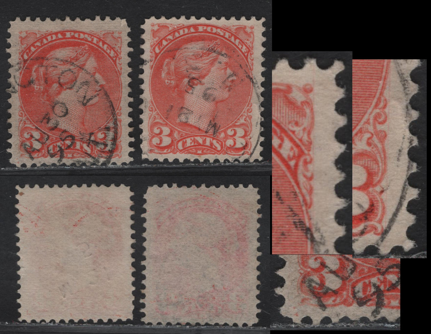 Lot 56 Canada #41 3c Light Orange Vermillion Queen Victoria, 1888-1897 Small Queen Issue, 2 Very Fine Used Singles, Mid Second Ottawa Printings, Papers 2O-KK & 2O-E, Showing Two Faint Corner Position Dots At LL.