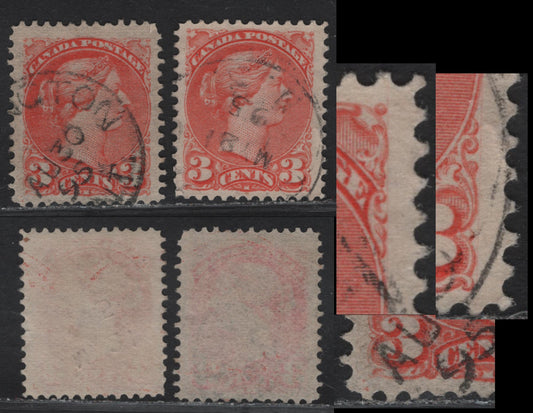 Lot 56 Canada #41 3c Light Orange Vermillion Queen Victoria, 1888-1897 Small Queen Issue, 2 Very Fine Used Singles, Mid Second Ottawa Printings, Papers 2O-KK & 2O-E, Showing Two Faint Corner Position Dots At LL.