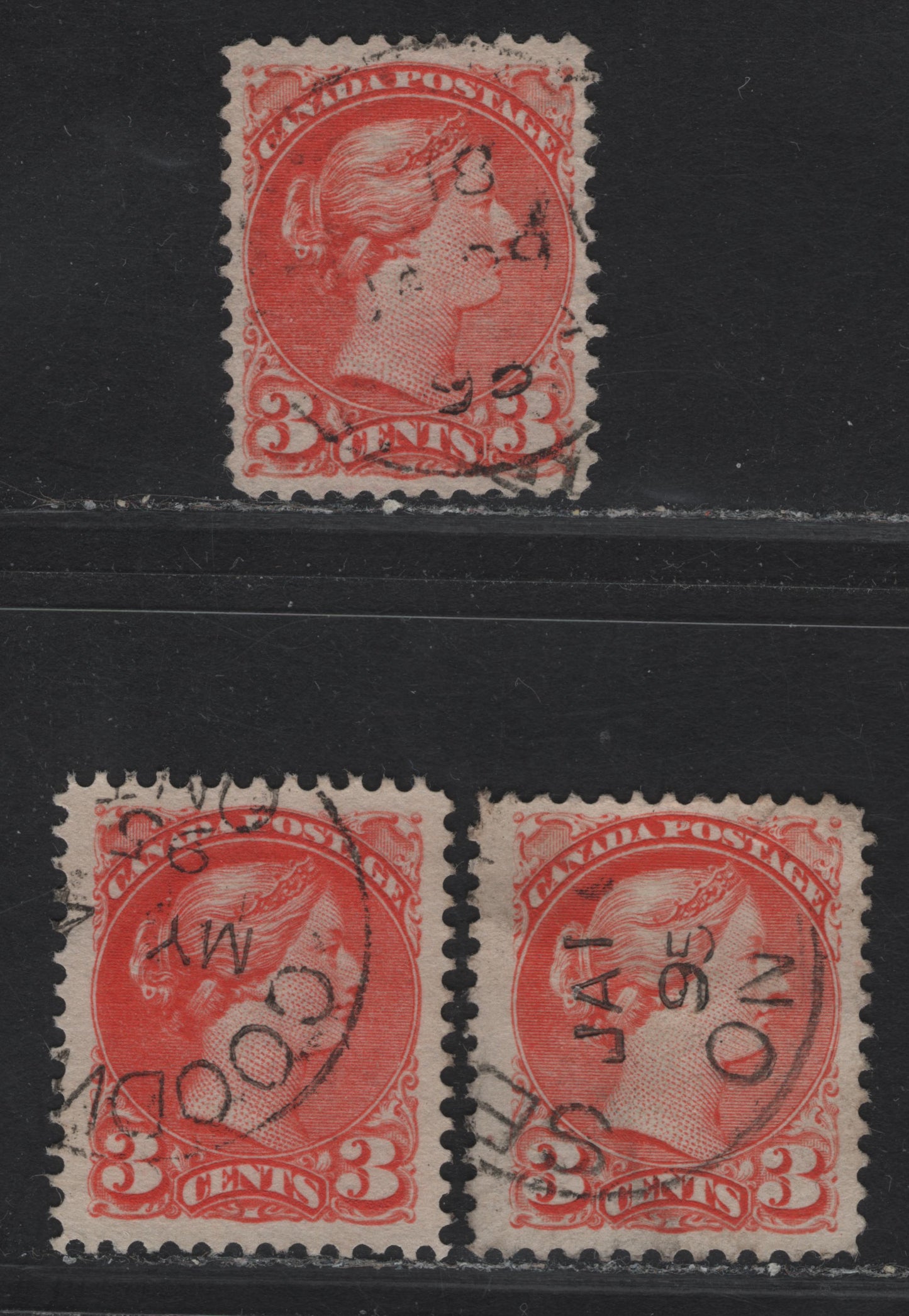 Lot 57 Canada #41 3c Deep Vermillion - Deep Orange Vermillion Queen Victoria, 1888-1897 Small Queen Issue, 3 Very Fine Used Singles, Papers 2O-E, 2O-I & 2O-KK, 1894 Dated Cancels.