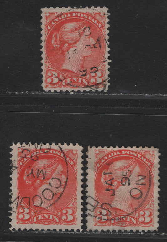 Canada #41 3c Deep Vermillion - Deep Orange Vermillion Queen Victoria, 1888-1897 Small Queen Issue, 3 Very Fine Used Singles, Papers 2O-E, 2O-I & 2O-KK, 1894 Dated Cancels.