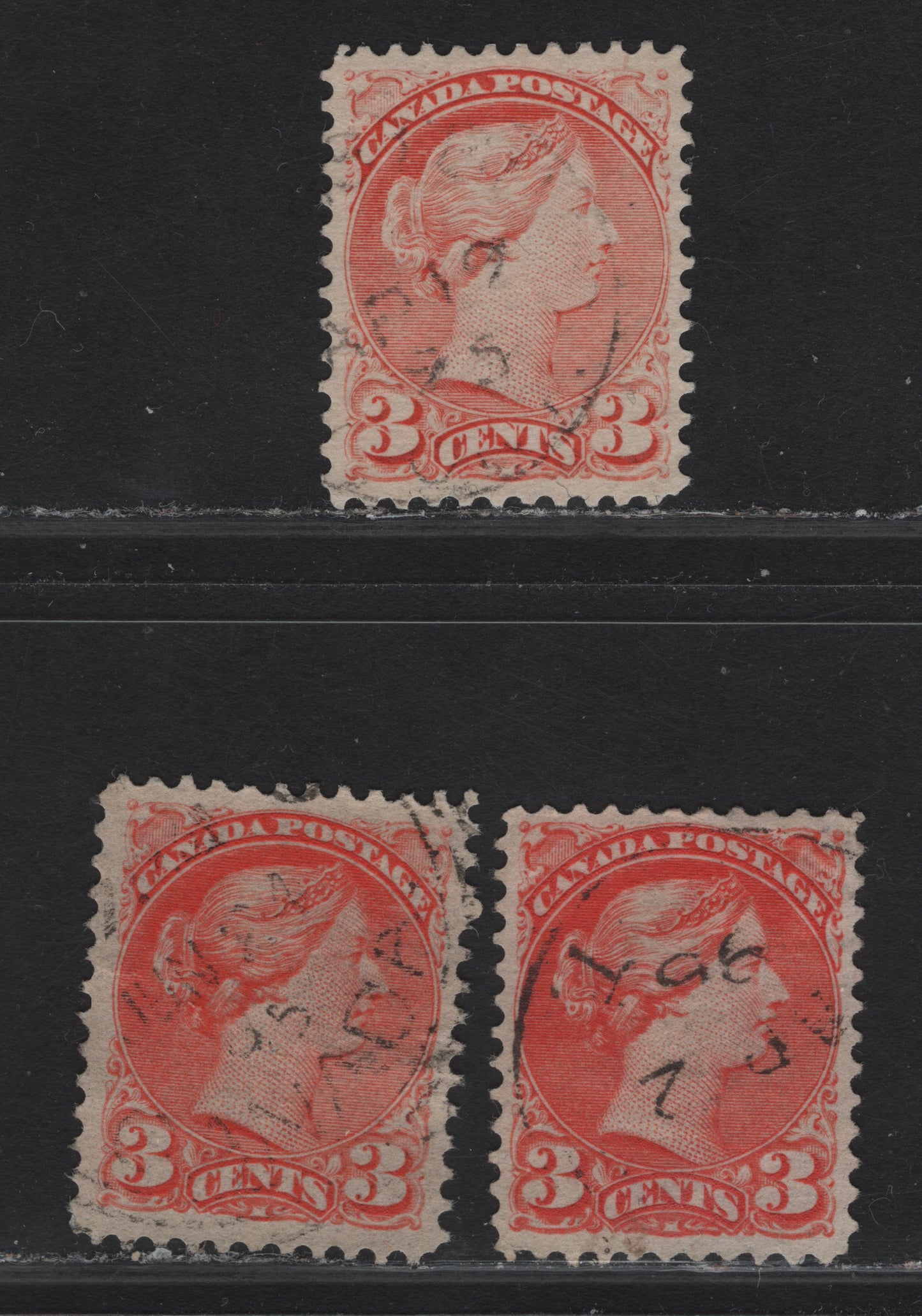 Lot 58 Canada #41 3c Very Pale Vermillion - Orange Vermillion Queen Victoria, 1888-1897 Small Queen Issue, 3 Very Fine Used SIngles, Papers 2O-FF & 2O-II, 1895 Dated Cancels.
