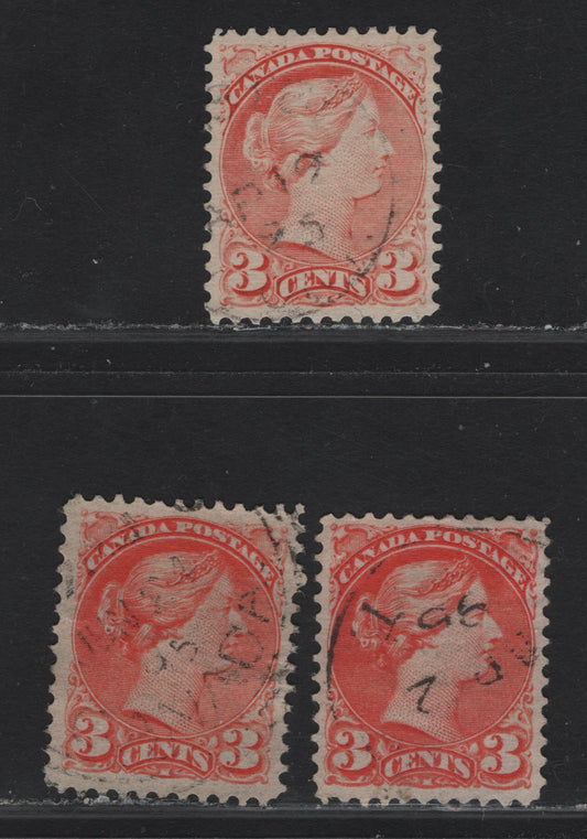Lot 58 Canada #41 3c Very Pale Vermillion - Orange Vermillion Queen Victoria, 1888-1897 Small Queen Issue, 3 Very Fine Used SIngles, Papers 2O-FF & 2O-II, 1895 Dated Cancels.
