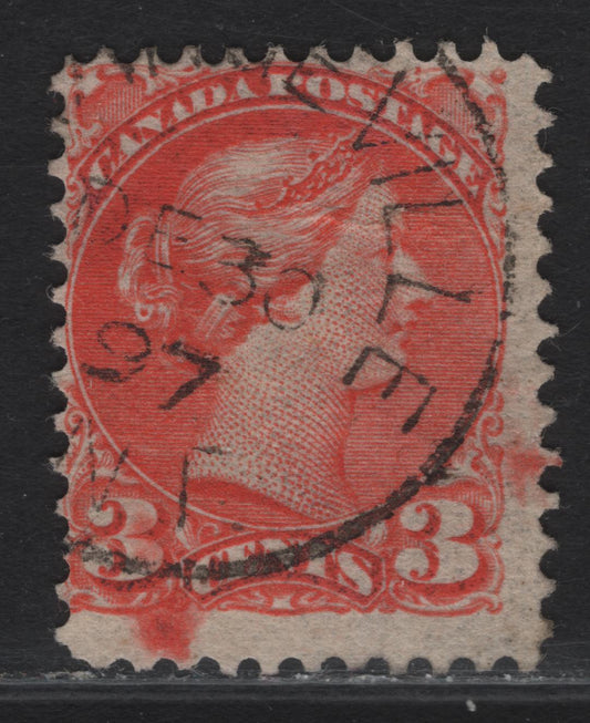 Lot 59 Canada #41 3c Deep Orange Vermillion Queen Victoria, 1888-1897 Small Queen Issue, A Very Good Used Single, Late Second Ottawa Printing, Paper 2O-LL, Perf 12x12.1, Large Burr In Margin Under Left 3 & Smudge In Right Margin.