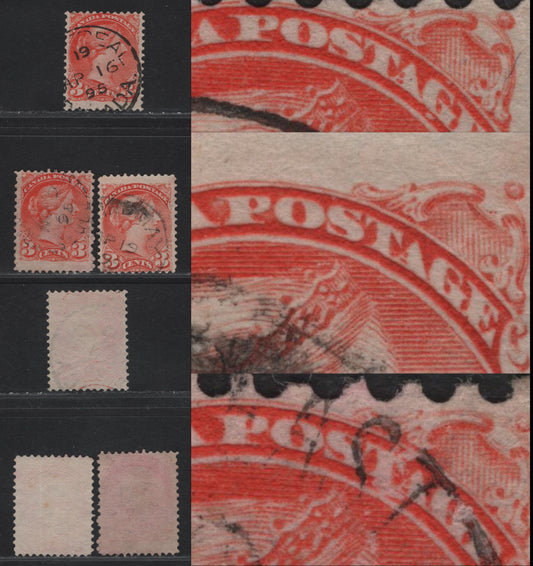 Lot 60 Canada #41 3c Orange Vermillion , 1888-1897 Small Queen Issue, 3 Fine Used Singles, Mid to Late 2nd Ottawa Printings, Papers 2O-II & 2O-KK, Showing Dot Below 'G', Weak Shading Around 'P' & Dry Inking Around 'T' Of Postage.