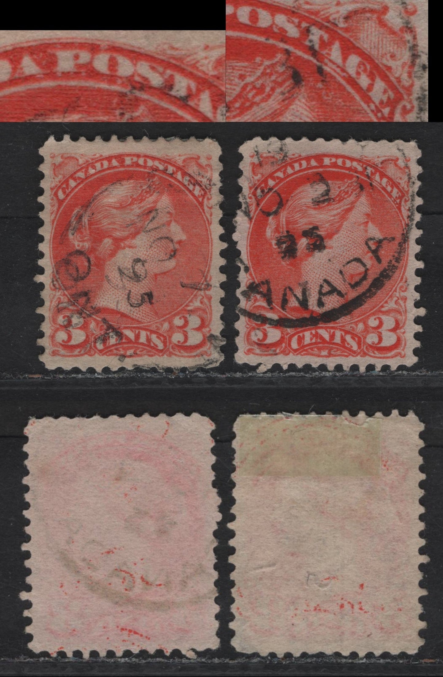 Lot 61 Canada #41 3c Deep Orange Vermillion Queen Victoria, 1888-1897 Small Queen Issue, 2 Very Fine Used Singles, Mid Second Ottawa Printings, Papers 2O-E & 2O-II, Dry Inking Under 'Age' And 'PO' Of Postage.