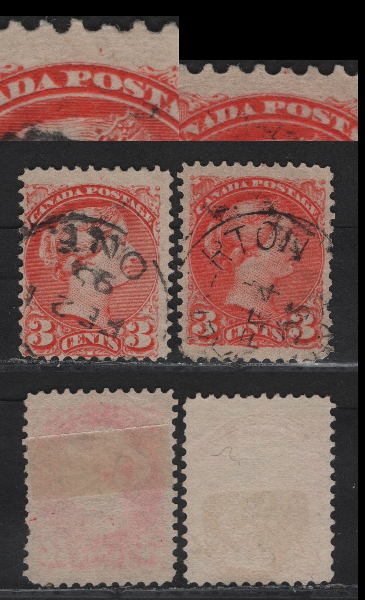 Lot 62 Canada #41 3c Deep Vermillion - Deep Orange Vermillion Queen Victoria, 1888-1897 Small Queen Issue, 2 Fine/Very Fine Used Singles, Papers 2O-E & 2O-II, Margin Dots At 12 O'Clockm Unusual On These Printings.