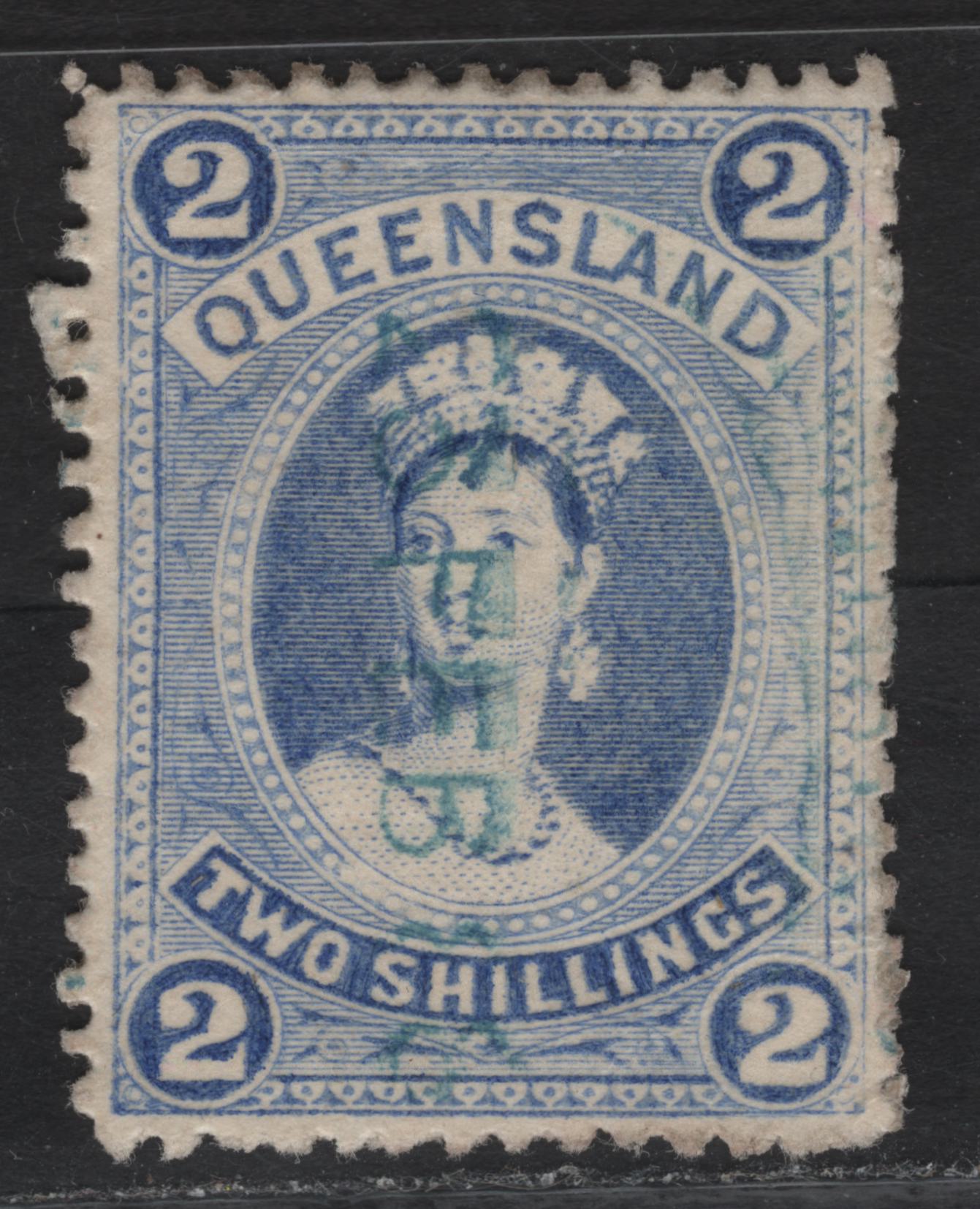 Lot 63 (C) Queensland SG#157 2/- Bright Blue Queen Victoria, 1882-1895 Queen Victoria Issue, A Very Fine Used Single, Fiscal Cancel, Crown Over Q Wmk, Thick Paper.