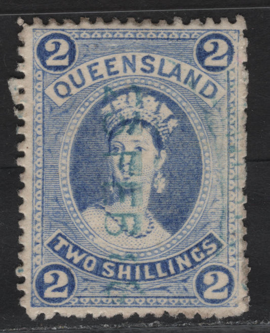 Lot 63 (C) Queensland SG#157 2/- Bright Blue Queen Victoria, 1882-1895 Queen Victoria Issue, A Very Fine Used Single, Fiscal Cancel, Crown Over Q Wmk, Thick Paper.