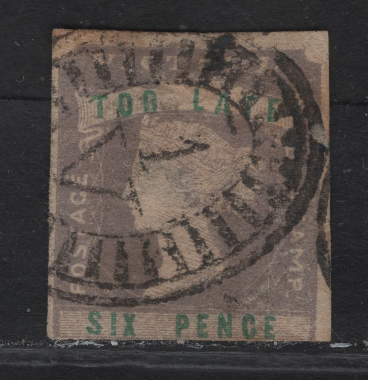 Lot 64 (C) Victoria SG#33 6d Lilac & Green Queen Victoria, 1854-1855 Culvert Woodblocks Late Fee Issue, A Good Used Single, 3 Marginal Example With Moderate Cancel & 2 Shallow Thins.