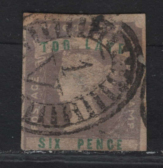 Lot 64 (C) Victoria SG#33 6d Lilac & Green Queen Victoria, 1854-1855 Culvert Woodblocks Late Fee Issue, A Good Used Single, 3 Marginal Example With Moderate Cancel & 2 Shallow Thins.