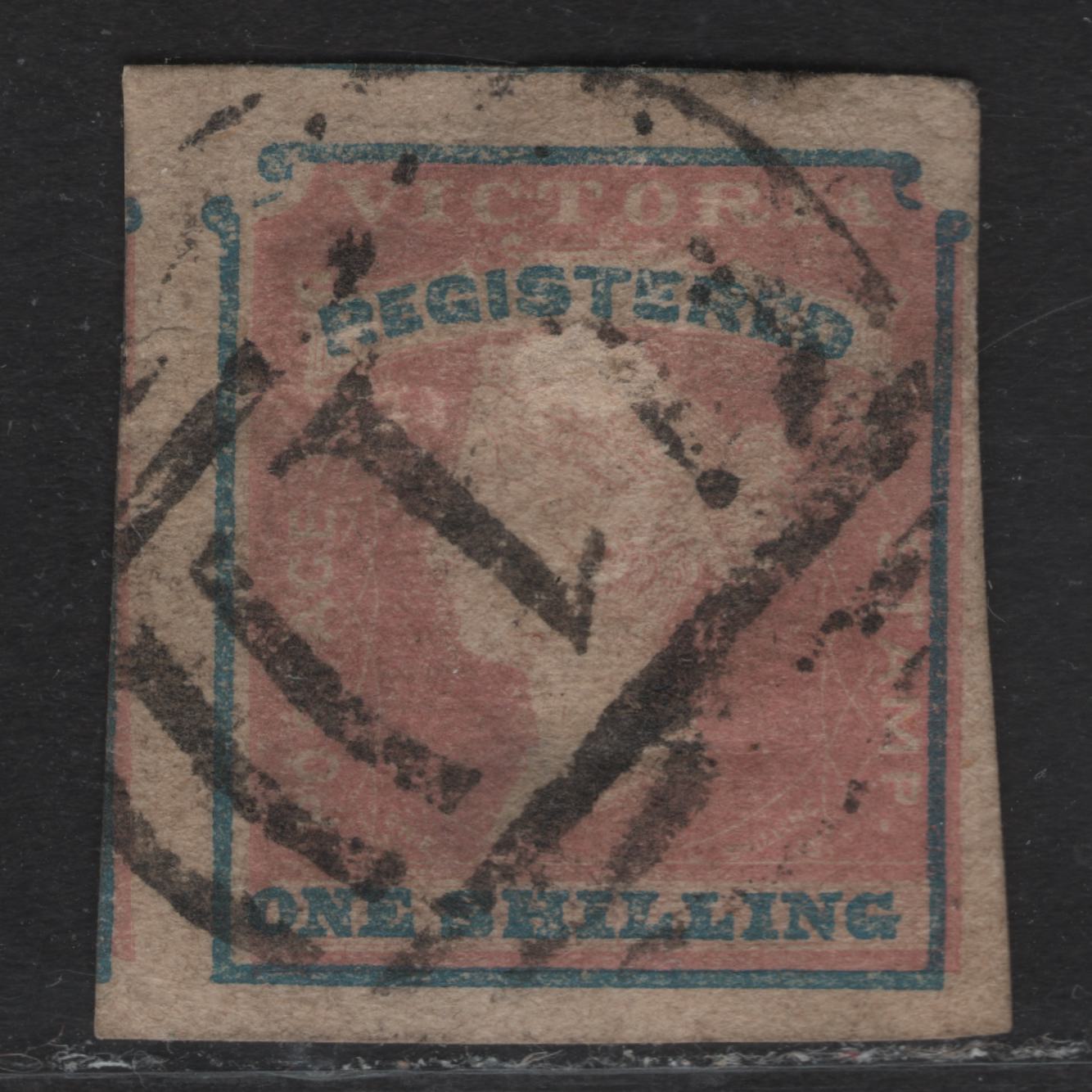 Lot 65 (C) Victoria SG#34 1/- Rose Pink & Blue Queen Victoria, 1854-1855 Culvert Woodblocks Registration Issue, A Very Good Used Single, Nice #1 SON Cancel, Some Shallow Thins, But Lovely Margins, Showing Portion Of Adjoining Stamp At Left.