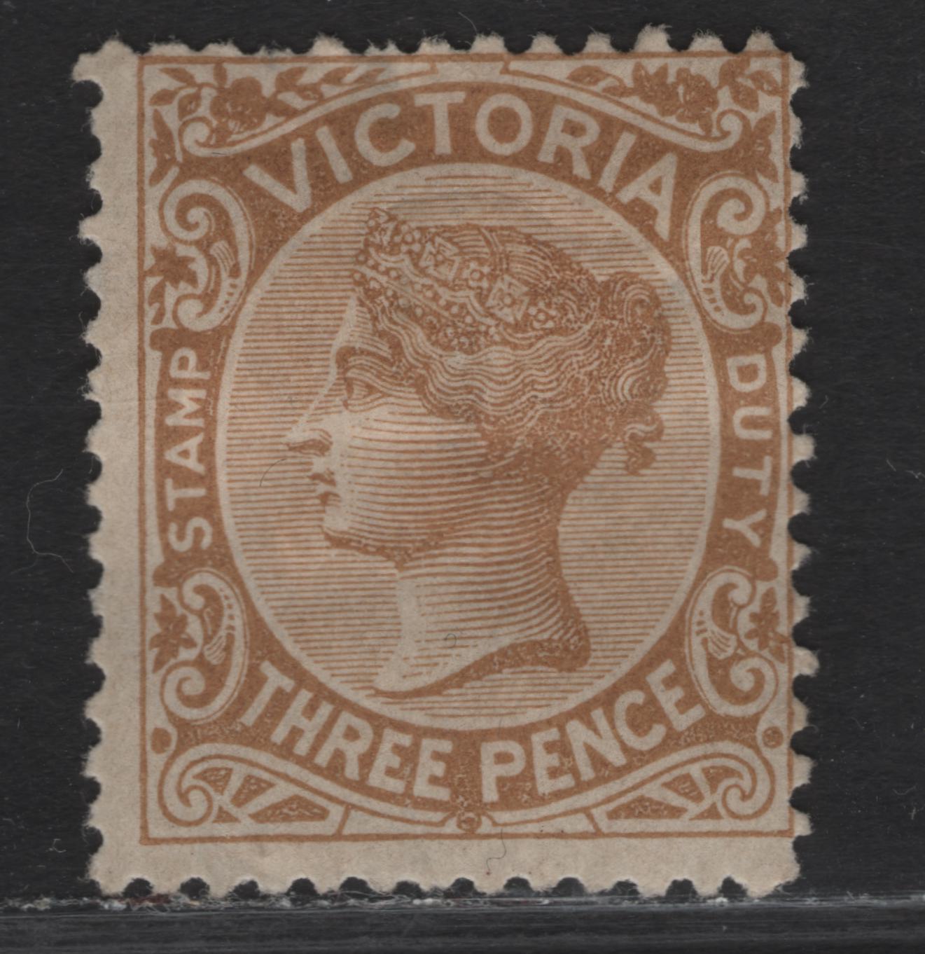 Lot 66 (C) Victoria SG#299 3d Yellowish Brown Queen Victoria, 1885-1895 Stamp Duty Issue, A VGOG Single, Type 2 V Over Crown Wmk.