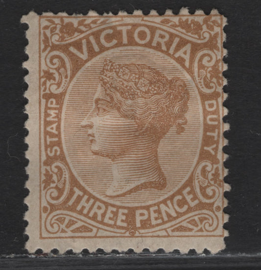 Lot 66 (C) Victoria SG#299 3d Yellowish Brown Queen Victoria, 1885-1895 Stamp Duty Issue, A VGOG Single, Type 2 V Over Crown Wmk.