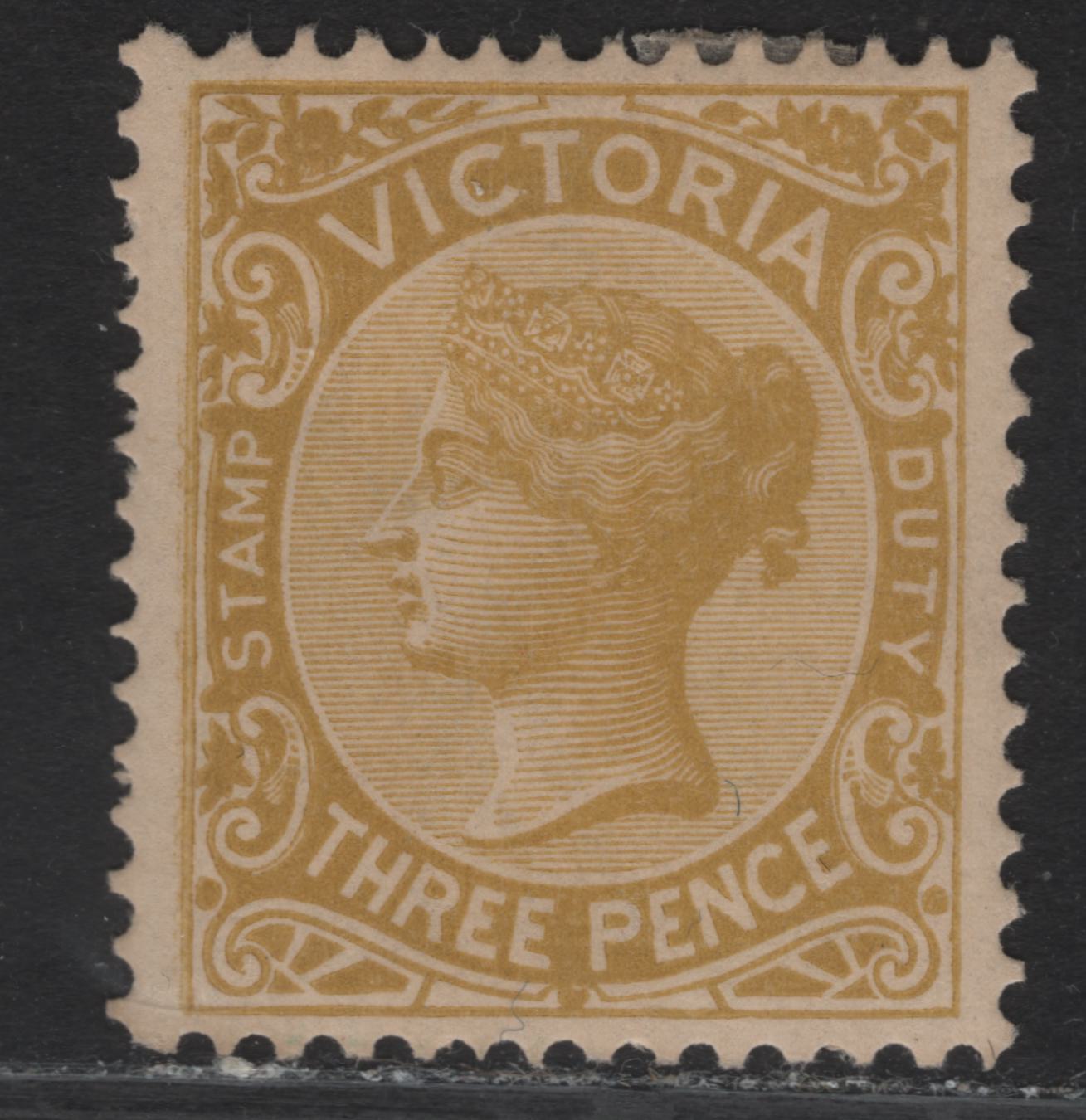 Lot 67 (C) Victoria SG#299b 3d Bistre Yellow Queen Victoria, 1885-1895 Stamp Duty Issue, A VFOG Single, Type 2 V Over Crown Wmk.