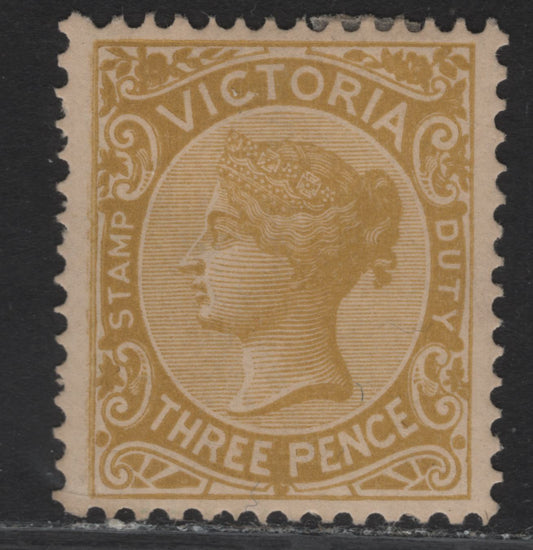 Lot 67 (C) Victoria SG#299b 3d Bistre Yellow Queen Victoria, 1885-1895 Stamp Duty Issue, A VFOG Single, Type 2 V Over Crown Wmk.