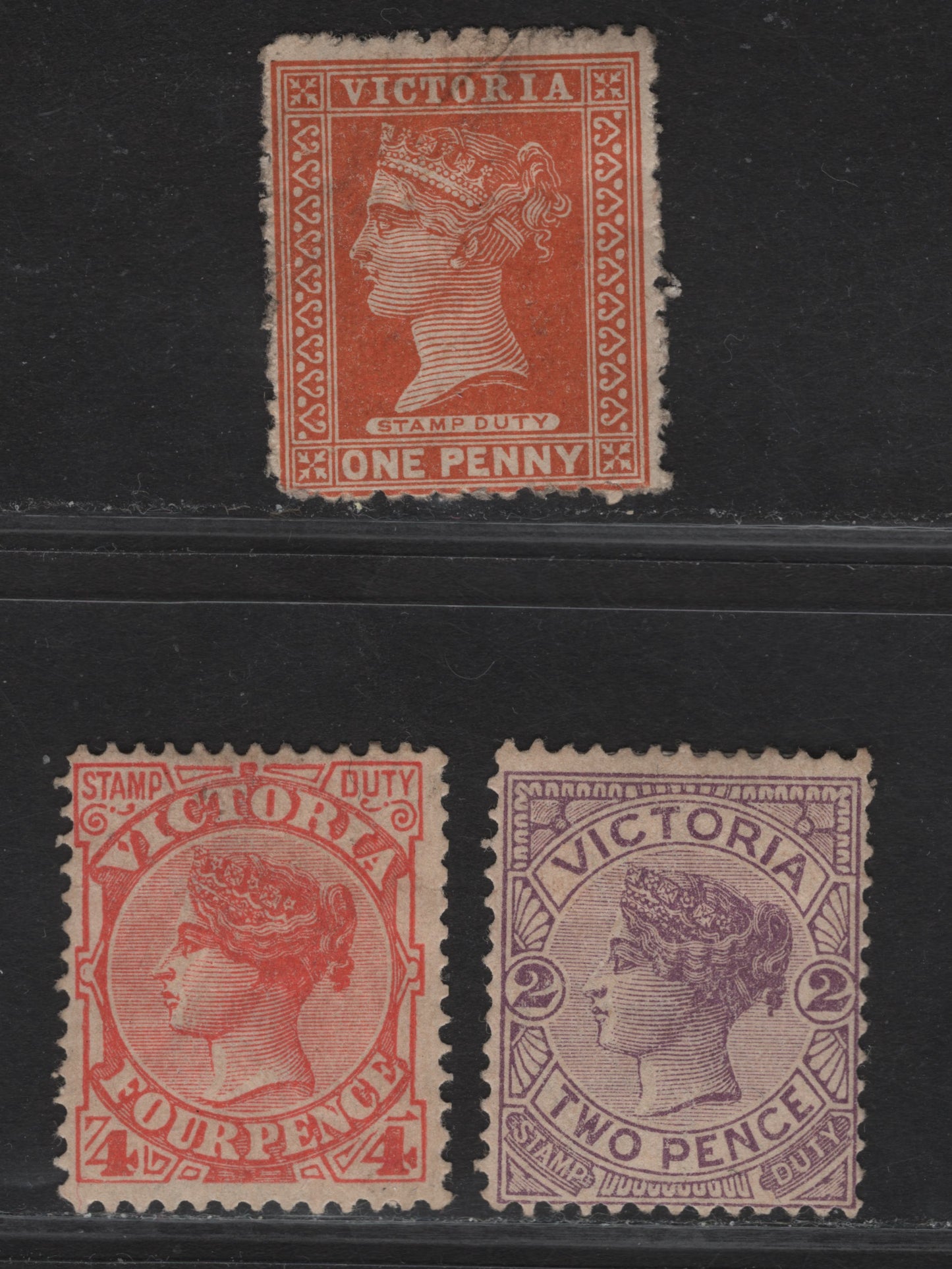 Lot 68 (C) Victoria SG#313, 314, 316a 1d - 4d Dull Chestnut - Red Queen Victoria, 1886-1896 Stamp Duty Issue, 3 VG/FOG Singles, Type 2 V Over Crown Wmk.