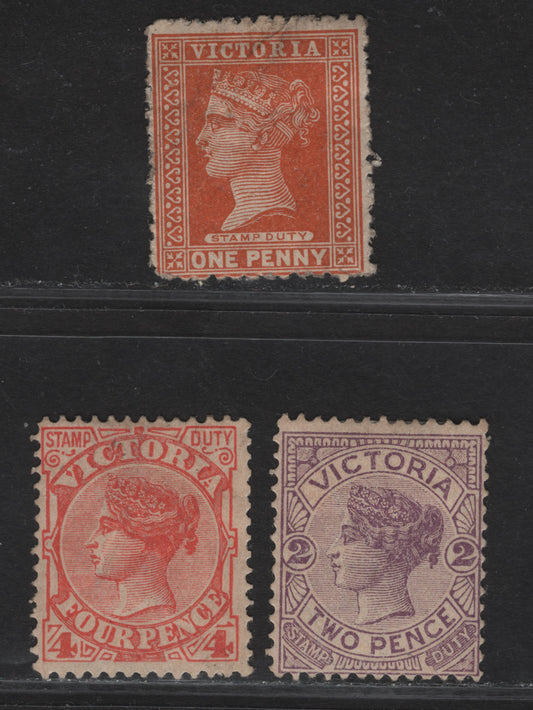 Lot 68 (C) Victoria SG#313, 314, 316a 1d - 4d Dull Chestnut - Red Queen Victoria, 1886-1896 Stamp Duty Issue, 3 VG/FOG Singles, Type 2 V Over Crown Wmk.