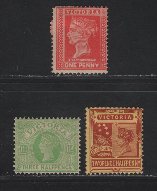 Lot 69 (C) Victoria SG#315a, 333, 357 2.5d - 1.5d Brown Red on Yellow - Apple Green Queen Victoria, 1886-1899 Stamp Duty Issue, 3 F/VFOG Singles, Types 2, 3 & 4 V Over Crown Wmk.