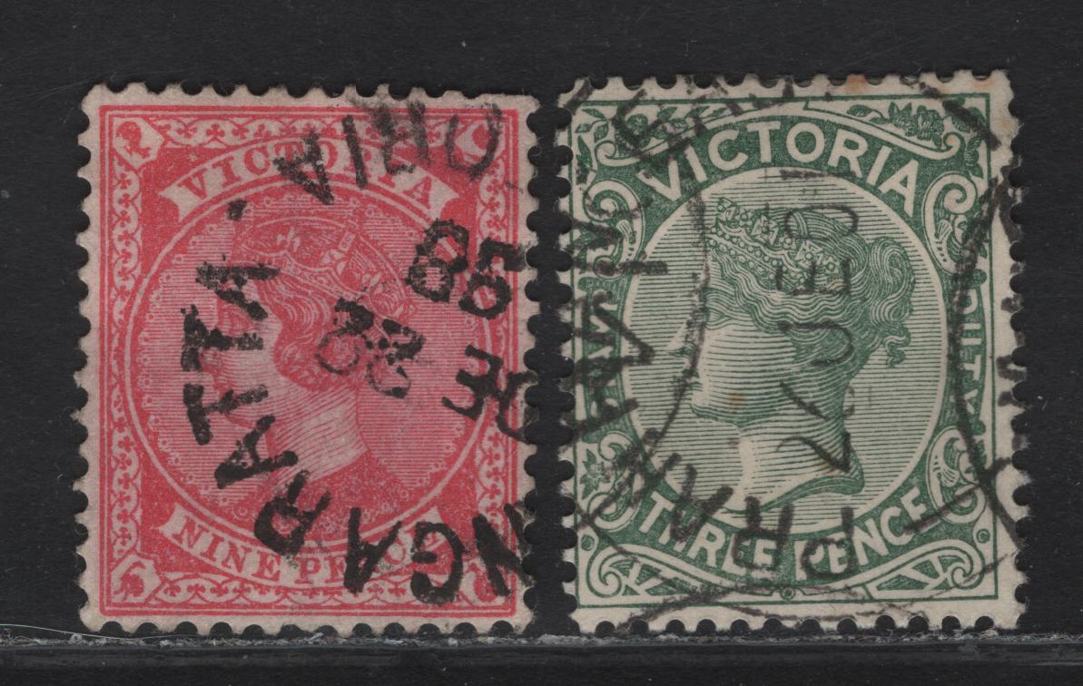 Lot 71 (C) Victoria SG#362, 366 3d - 9d Slate Green - Rose Red Queen Victoria, 1899-1901 Stamp Duty Issue, 2 Fine/Very Fine Used Singles, Type 4 V Over Crown Wmk.