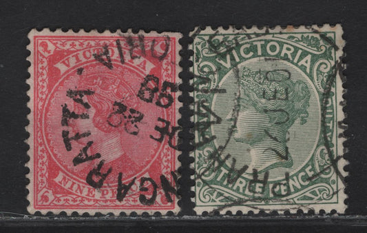 Lot 71 (C) Victoria SG#362, 366 3d - 9d Slate Green - Rose Red Queen Victoria, 1899-1901 Stamp Duty Issue, 2 Fine/Very Fine Used Singles, Type 4 V Over Crown Wmk.