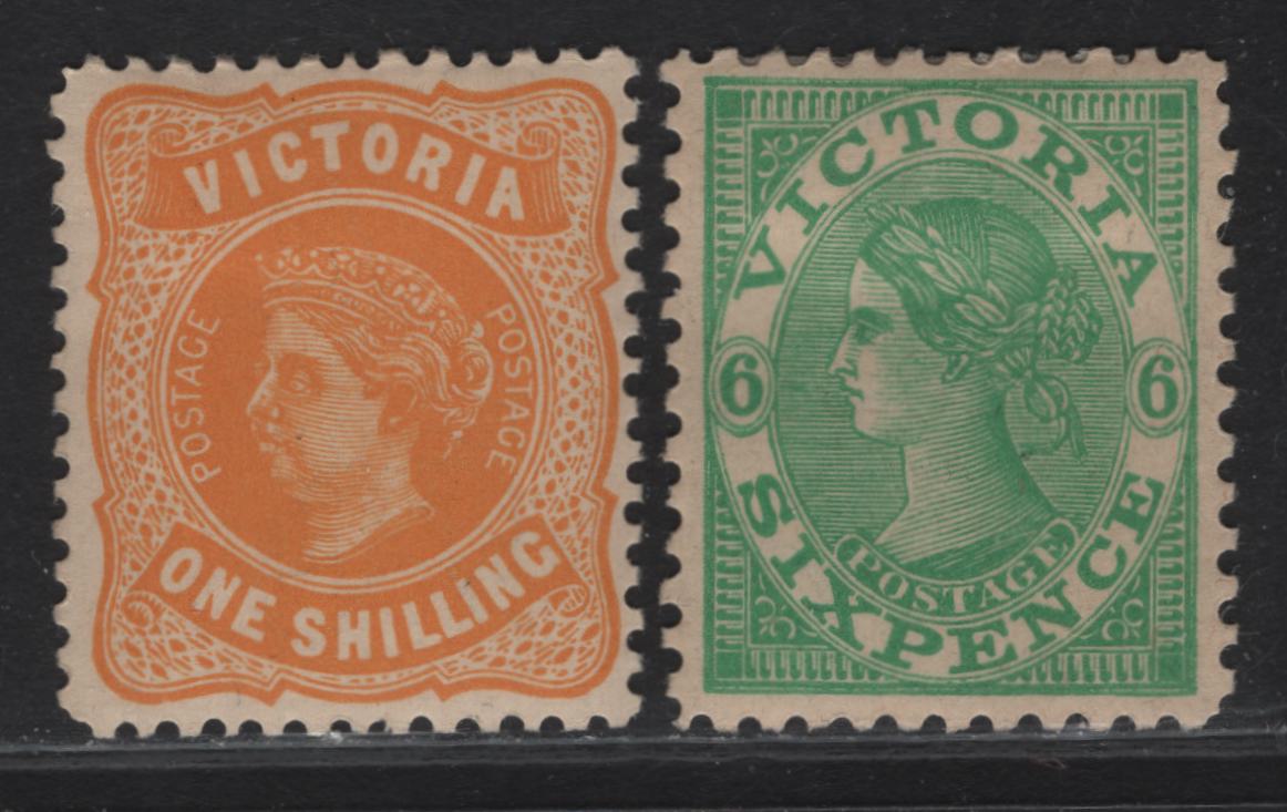 Lot 75 (C) Victoria SG#423, 425a 6d - 1/- Dull Green - Yellow Orange Queen Victoria, 1905-1913 Postage Issue, 2 VF/XFOG Singles, Crown Over A Wmk, Perf 12x12.5 & 11.