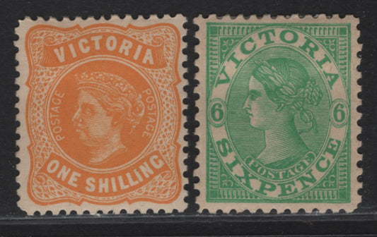 Lot 75 (C) Victoria SG#423, 425a 6d - 1/- Dull Green - Yellow Orange Queen Victoria, 1905-1913 Postage Issue, 2 VF/XFOG Singles, Crown Over A Wmk, Perf 12x12.5 & 11.