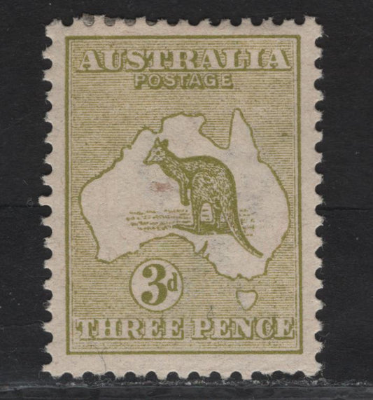 Lot 77 (C) Australia SG#5 3d Olive Kangaroo & Map, 1913 Kangaroo & Map Issue, A VFOG Single, 1st Wmk, Die 1.