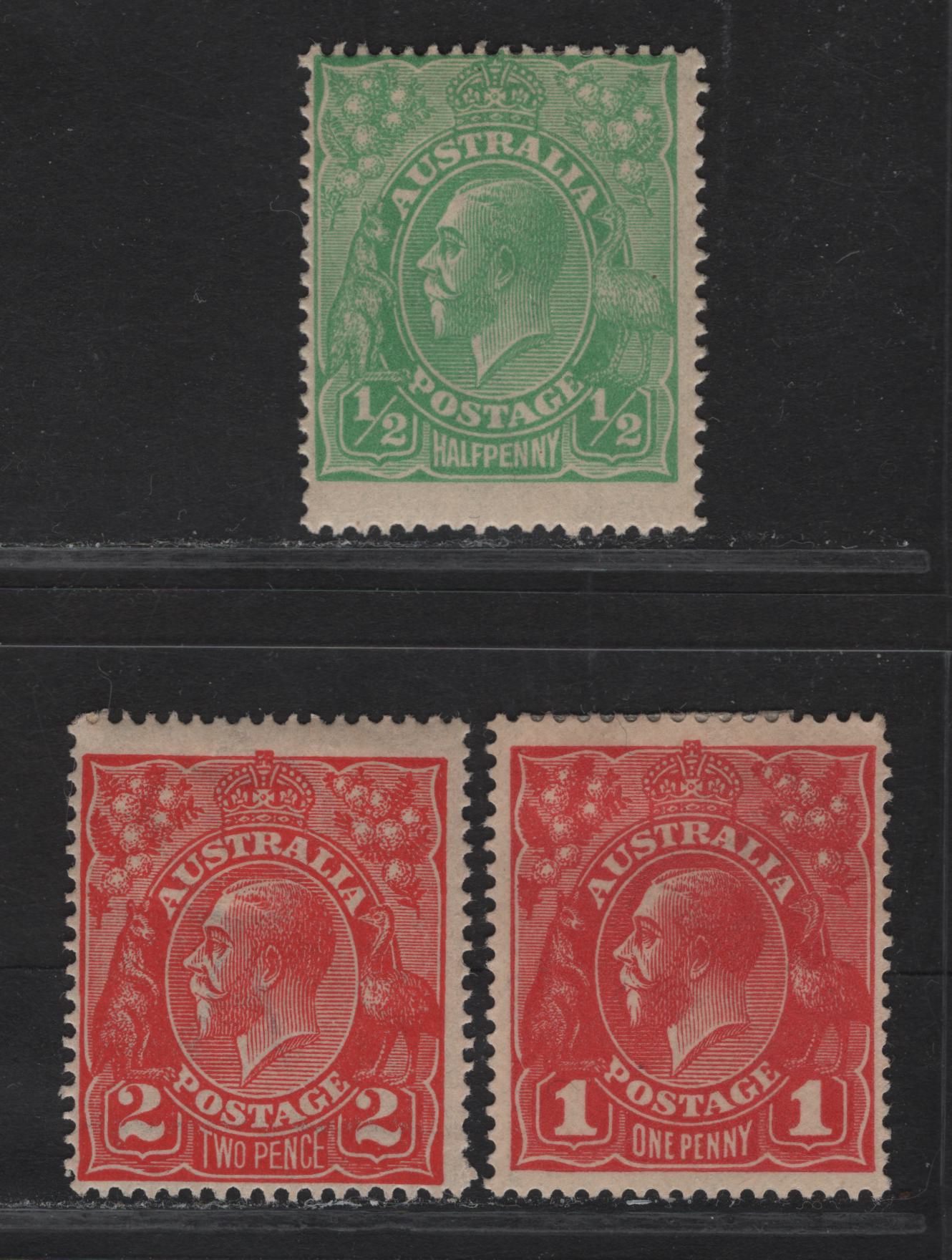 Lot 78 (C) Australia SG#20, 21c, 63a 1d - 2d Carmine Red - Dull Rose Scarlet King George V, 1914-1918 KGV Profile Heads Issue, 3 FOG Singles, Single Crown over A Wmk, Comb Perf 14.25x14.
