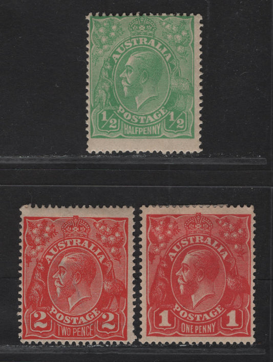 Lot 78 (C) Australia SG#20, 21c, 63a 1d - 2d Carmine Red - Dull Rose Scarlet King George V, 1914-1918 KGV Profile Heads Issue, 3 FOG Singles, Single Crown over A Wmk, Comb Perf 14.25x14.
