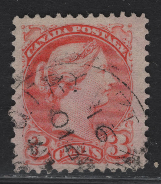 Lot 8 Canada #41 3c Pale Aniline Rosy Vermillion Queen Victoria, 1888-1897 Small Queen Issue, A Very Fine Used Single, Early Second Ottawa Printing, Paper 2O-HH, Perf 12, Scarce, As Dates From 1891 Are Not Common.