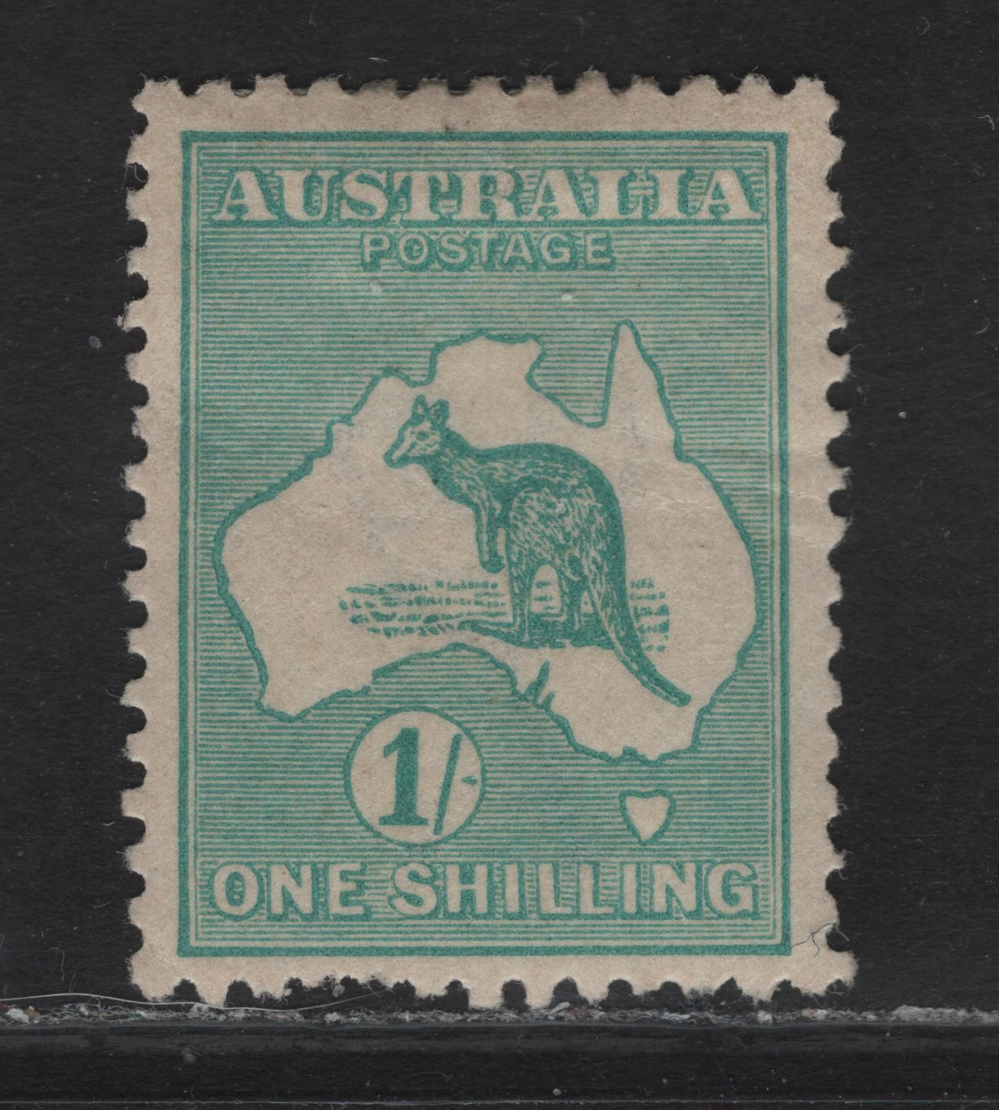 Lot 81 (C) Australia SG#40 1/- Blue Green Kangaroo & Map, 1915-1927 Kangaroo & Map Issue, A FOG Single, Die 2, Two Short Perfs.