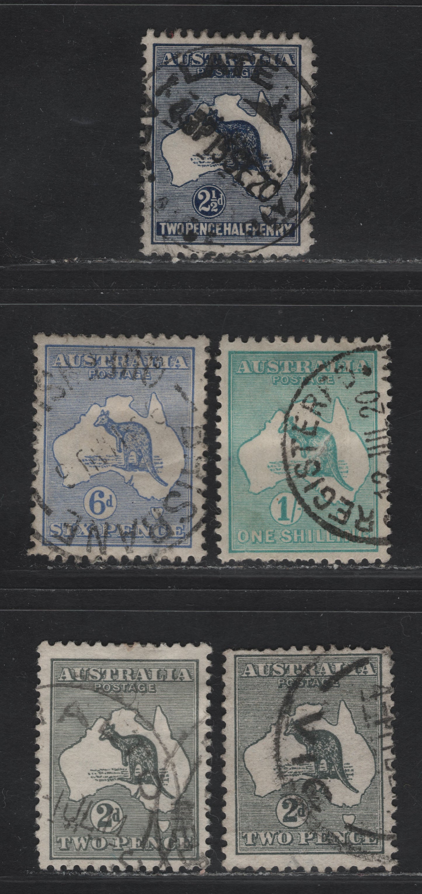Lot 83 (C) Australia SG#36b, 38, 40, 43 2.5d - 1/- Deep Indigo - Emerald Kangaroo & Map, 1915-1927 Kangaroo & Map Issue, 4 Fine/Very Fine Used Singles, 1st & 3rd Wmks.