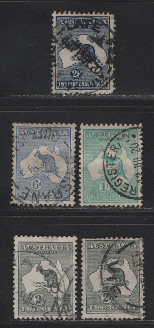 Lot 83 (C) Australia SG#36b, 38, 40, 43 2.5d - 1/- Deep Indigo - Emerald Kangaroo & Map, 1915-1927 Kangaroo & Map Issue, 4 Fine/Very Fine Used Singles, 1st & 3rd Wmks.